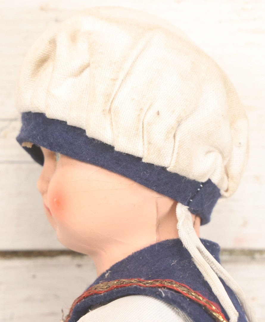 Lot 015 - Vintage Sailor Doll With Stuffed Fabric Body And Paperboard Head, Red Painted Lips And Blue Eyes, With Collar And Hat, 13" Height