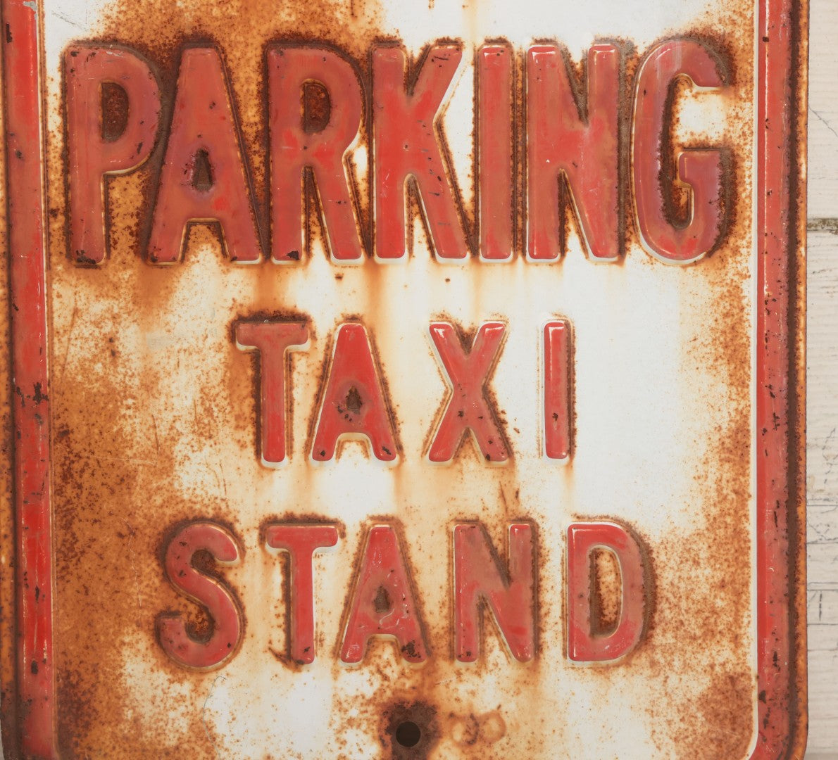 Lot 017 - Vintage Pressed Metal "No Parking Taxi Stand" Street Sign With White And Red Paint, Rust And Wear As Seen, 12" W x 18" H