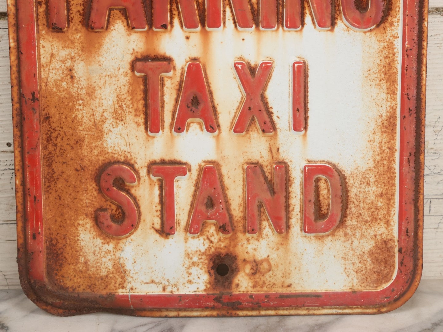Lot 017 - Vintage Pressed Metal "No Parking Taxi Stand" Street Sign With White And Red Paint, Rust And Wear As Seen, 12" W x 18" H