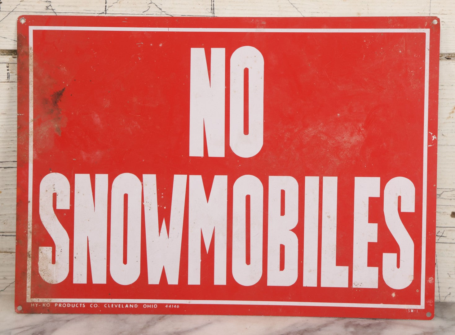 Lot 018 - Vintage Printed Tin Tacker Metal "No Snowmobiles" Red Sign, Manufactured By H.Y.-K.O. Products Co., Cleveland, Ohio, 14" W x 10" H