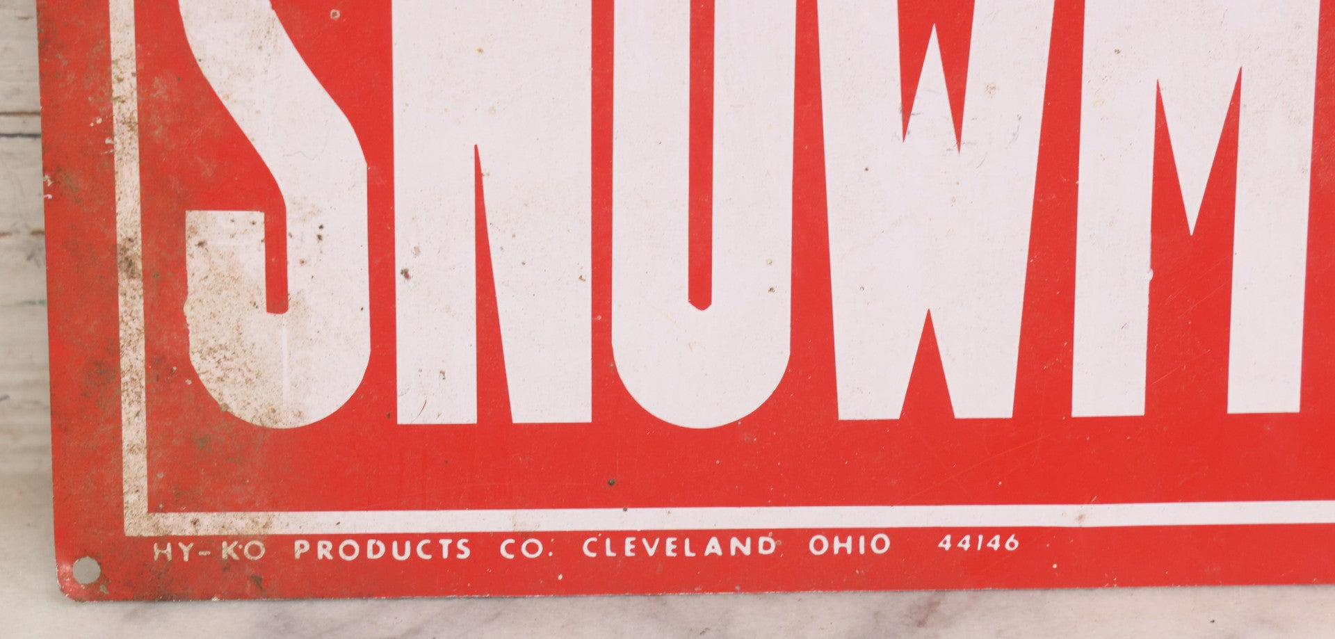 Lot 018 - Vintage Printed Tin Tacker Metal "No Snowmobiles" Red Sign, Manufactured By H.Y.-K.O. Products Co., Cleveland, Ohio, 14" W x 10" H
