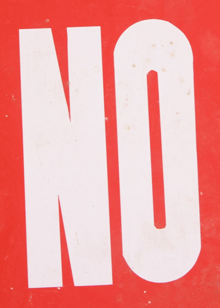 Lot 018 - Vintage Printed Tin Tacker Metal "No Snowmobiles" Red Sign, Manufactured By H.Y.-K.O. Products Co., Cleveland, Ohio, 14" W x 10" H