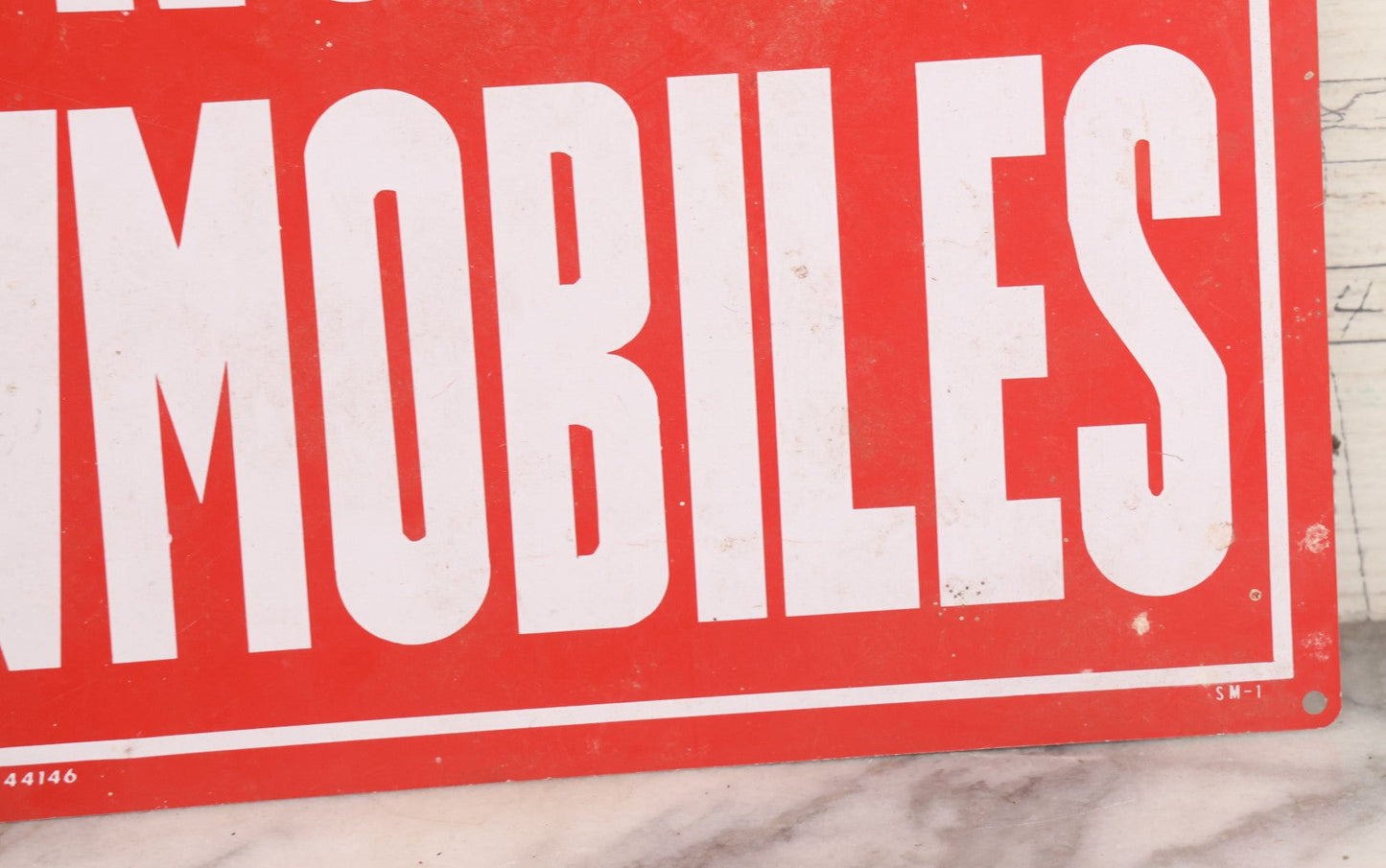 Lot 018 - Vintage Printed Tin Tacker Metal "No Snowmobiles" Red Sign, Manufactured By H.Y.-K.O. Products Co., Cleveland, Ohio, 14" W x 10" H