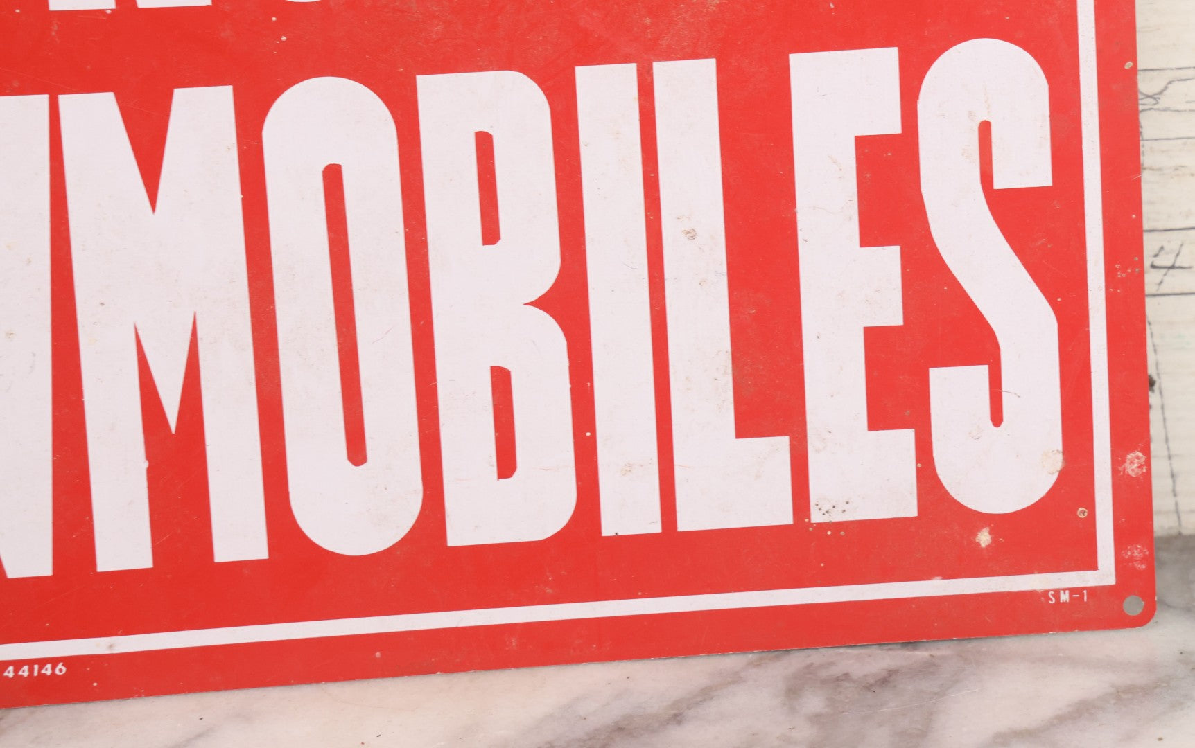 Lot 018 - Vintage Printed Tin Tacker Metal "No Snowmobiles" Red Sign, Manufactured By H.Y.-K.O. Products Co., Cleveland, Ohio, 14" W x 10" H