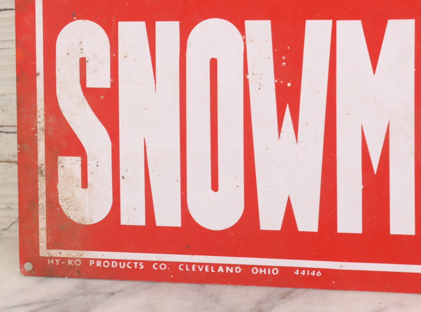 Lot 018 - Vintage Printed Tin Tacker Metal "No Snowmobiles" Red Sign, Manufactured By H.Y.-K.O. Products Co., Cleveland, Ohio, 14" W x 10" H
