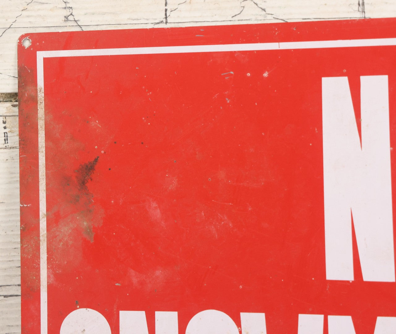 Lot 018 - Vintage Printed Tin Tacker Metal "No Snowmobiles" Red Sign, Manufactured By H.Y.-K.O. Products Co., Cleveland, Ohio, 14" W x 10" H