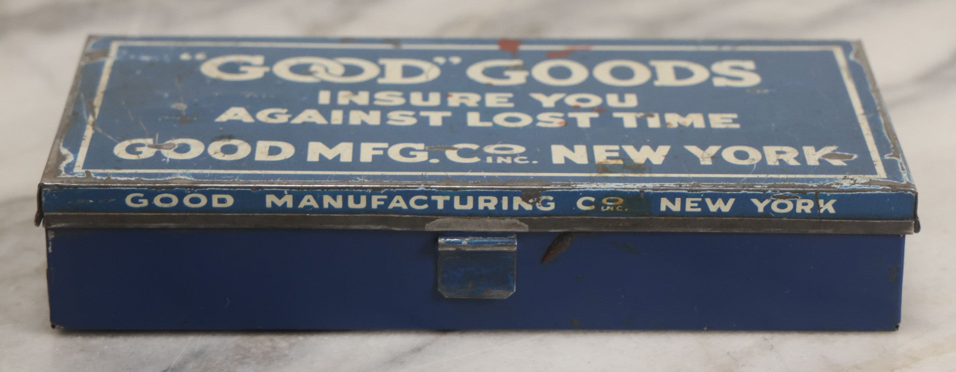 Lot 020 - Vintage "Good" Goods Divided Advertising Tin, "Insure You Against Lost Time," Good Manufacturing Co. Inc., New York