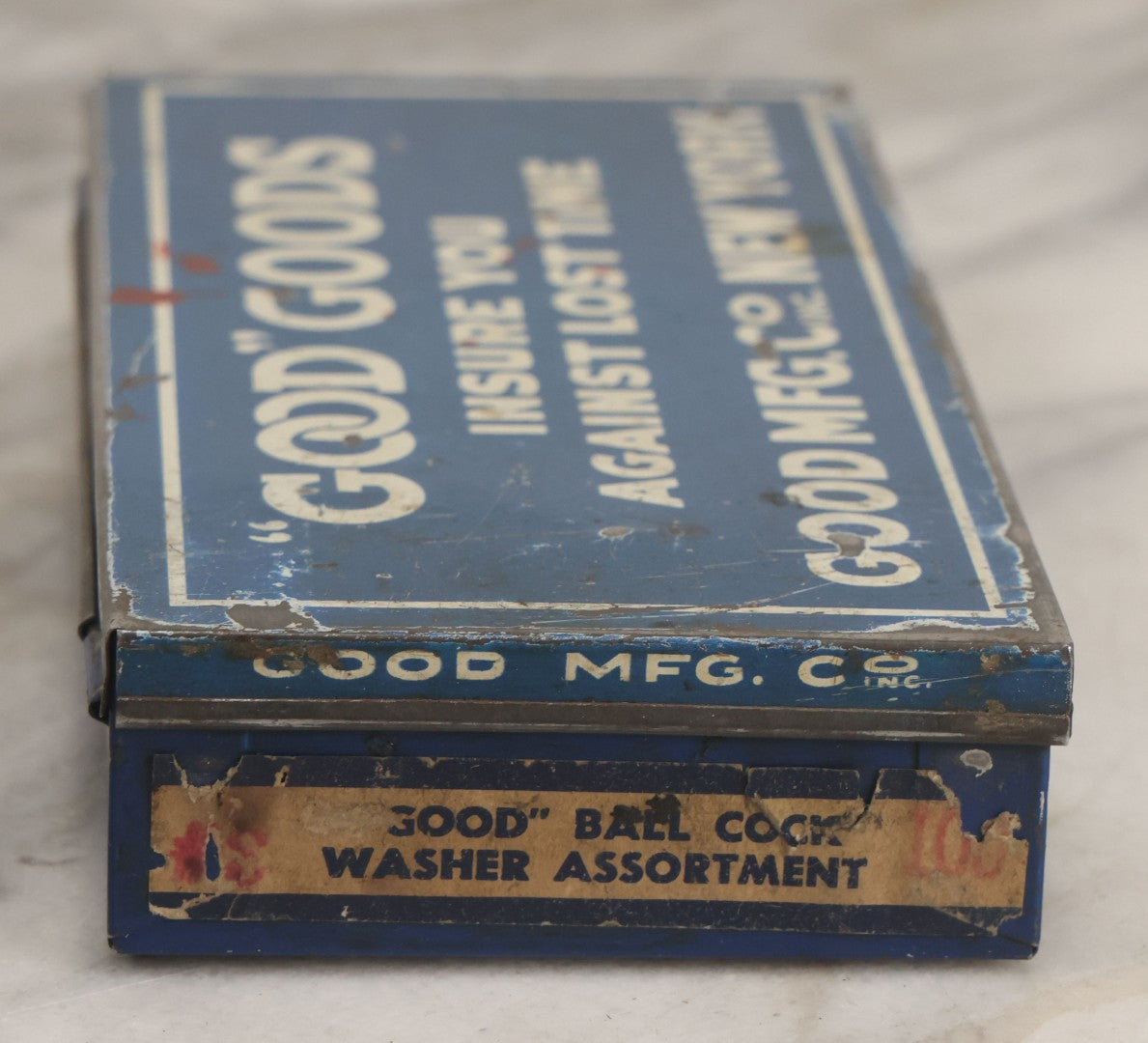 Lot 020 - Vintage "Good" Goods Divided Advertising Tin, "Insure You Against Lost Time," Good Manufacturing Co. Inc., New York