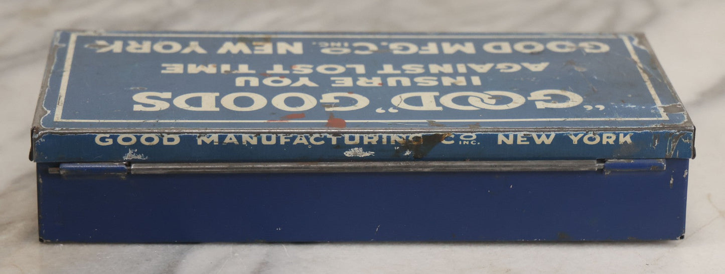 Lot 020 - Vintage "Good" Goods Divided Advertising Tin, "Insure You Against Lost Time," Good Manufacturing Co. Inc., New York
