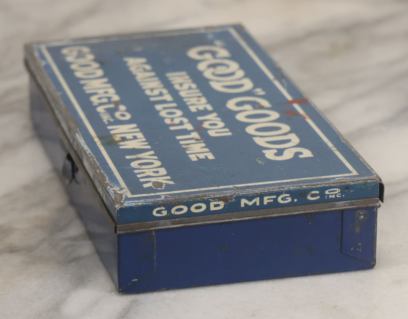 Lot 020 - Vintage "Good" Goods Divided Advertising Tin, "Insure You Against Lost Time," Good Manufacturing Co. Inc., New York