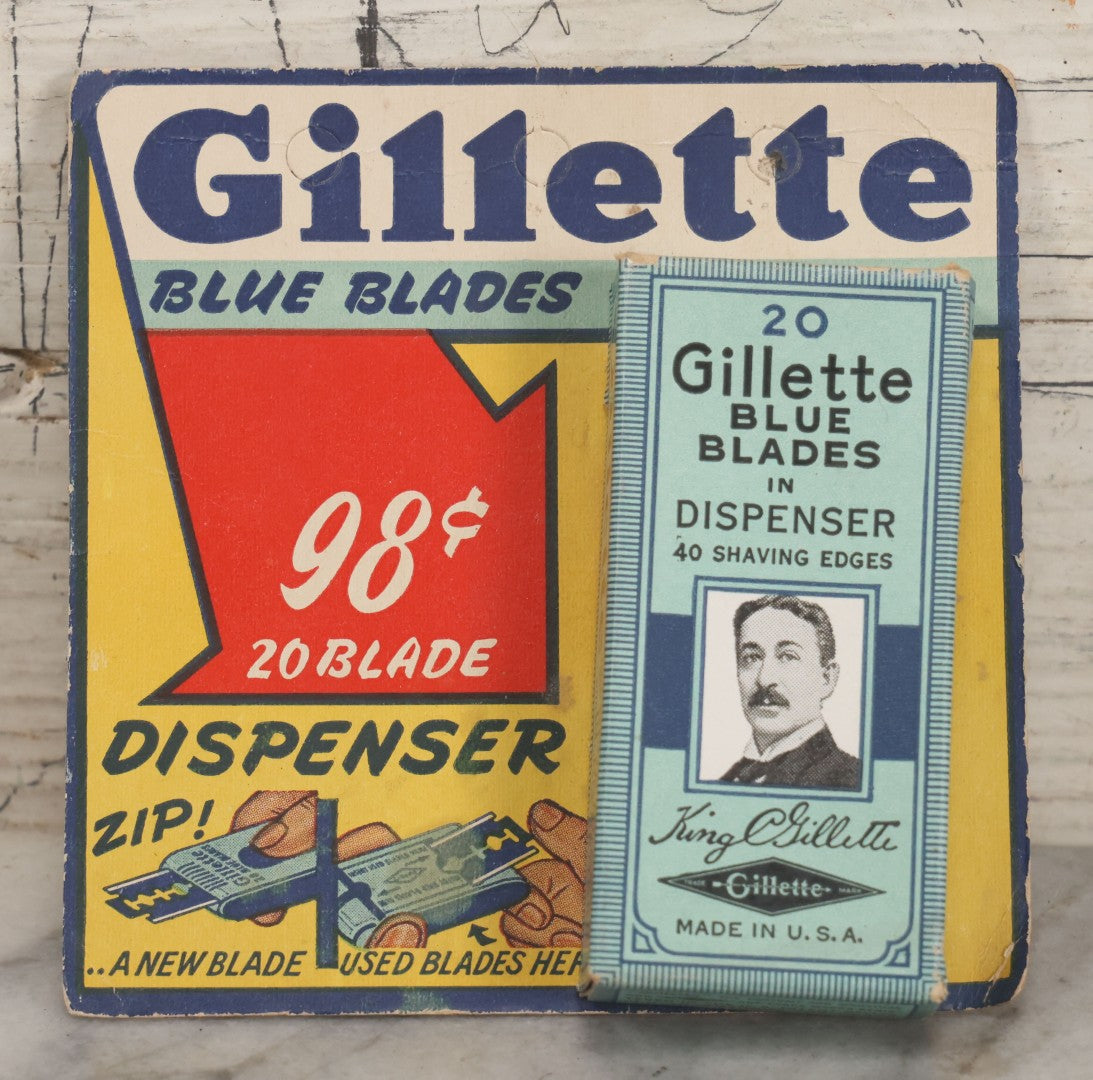 Lot 021 - Vintage Box Of Twenty Gillette Blue Blades Shaving Edges In Dispenser Sealed In Original Box With Advertising Card, Manufactured By Gillette Safety Razor Co., A Division Of The Gillette Company, Boston, Massachusetts