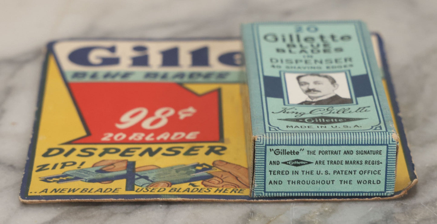 Lot 021 - Vintage Box Of Twenty Gillette Blue Blades Shaving Edges In Dispenser Sealed In Original Box With Advertising Card, Manufactured By Gillette Safety Razor Co., A Division Of The Gillette Company, Boston, Massachusetts