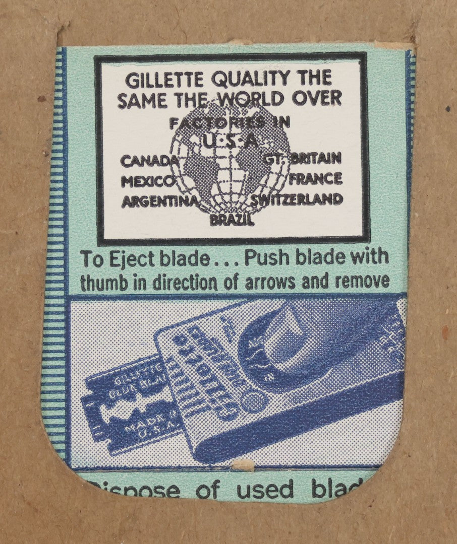 Lot 021 - Vintage Box Of Twenty Gillette Blue Blades Shaving Edges In Dispenser Sealed In Original Box With Advertising Card, Manufactured By Gillette Safety Razor Co., A Division Of The Gillette Company, Boston, Massachusetts
