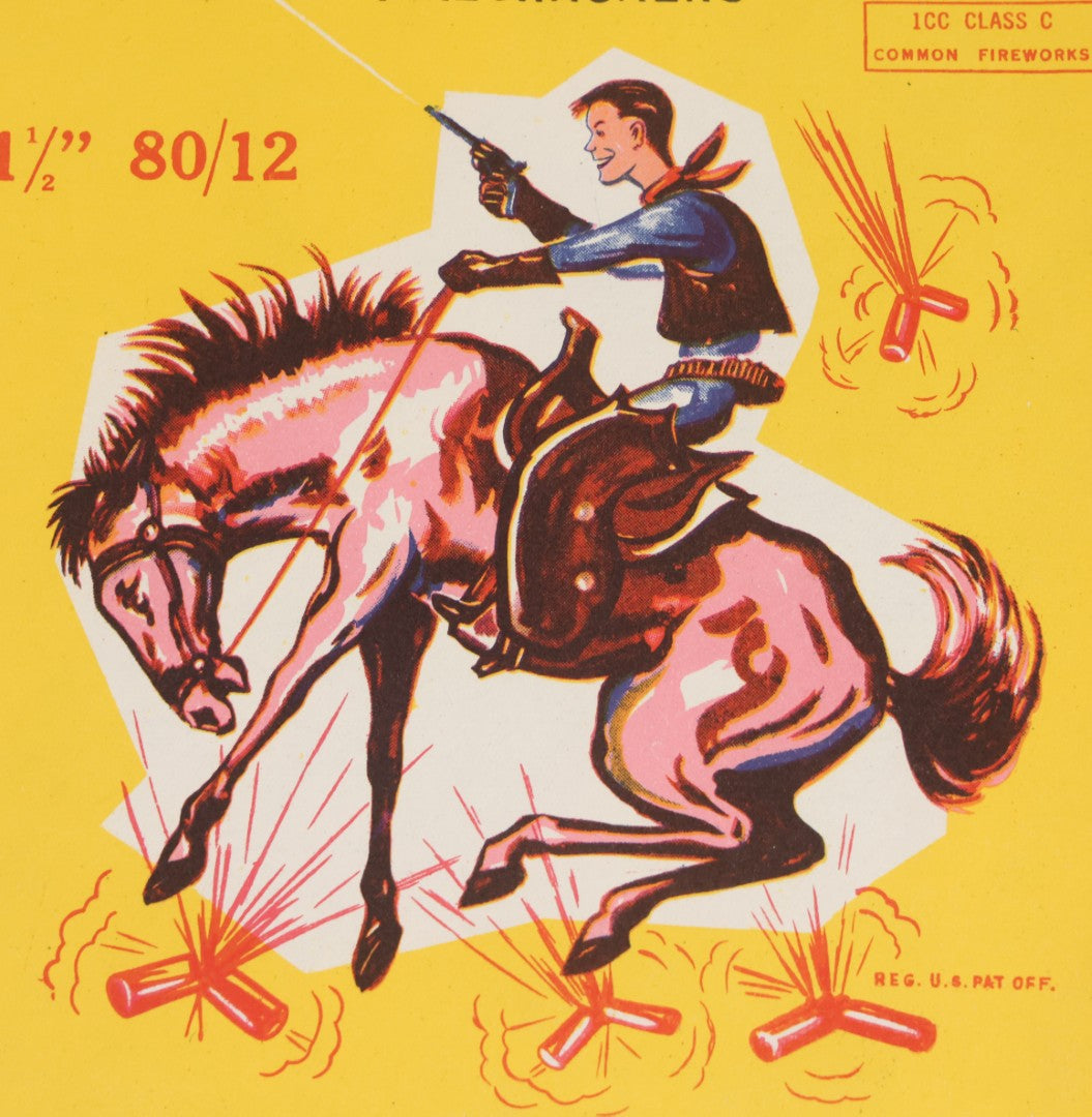 Lot 026 - Vintage Western Boy Firecrackers Lithographed Fireworks Label With Cowboy Graphics, Copyrighted And Distributed By Rich Brothers, Sioux Falls, South Dakota, Made In Macao