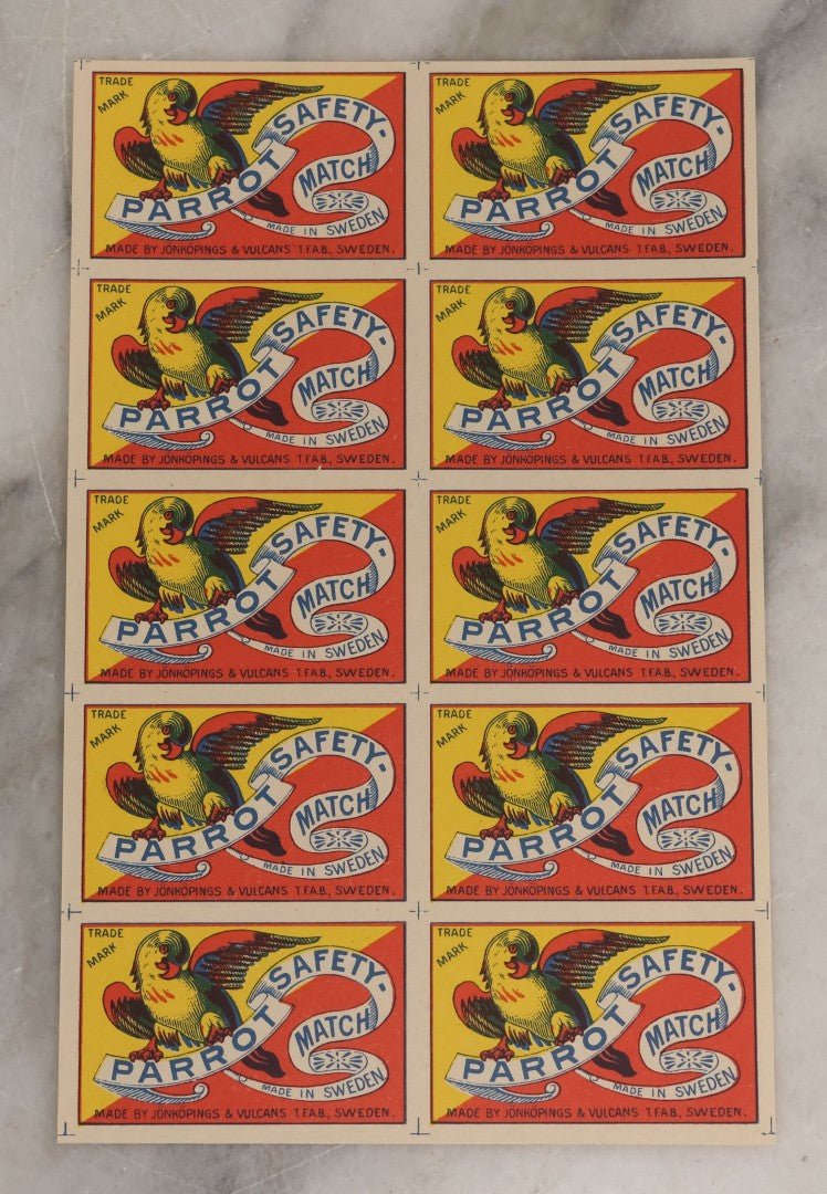 Lot 027 - Vintage Uncut Sheet Of Ten Lithographed Parrott Safety-Match Matchbox Labels, Made In Sweden, By Jönköpings & Vulcans