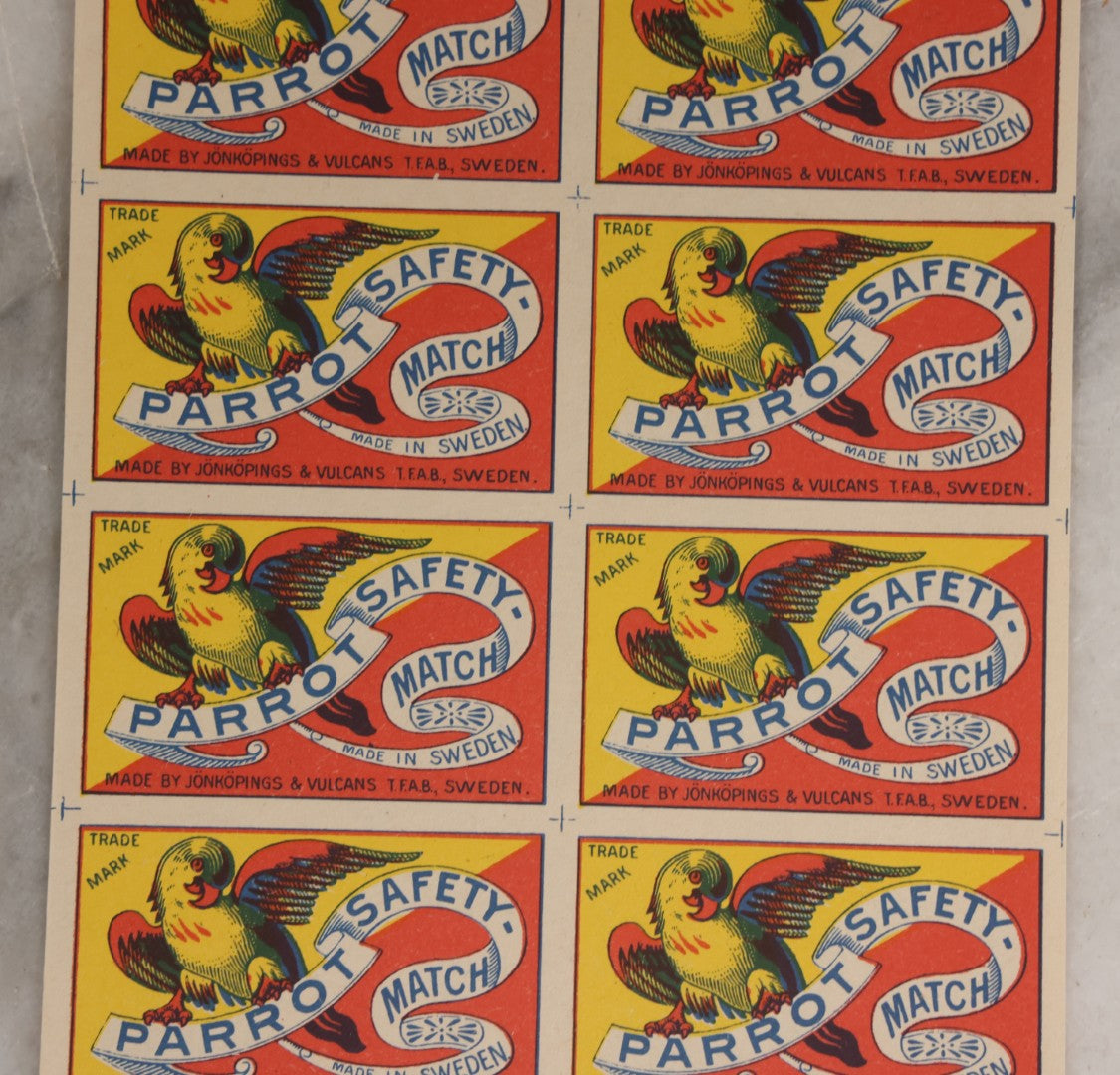 Lot 027 - Vintage Uncut Sheet Of Ten Lithographed Parrott Safety-Match Matchbox Labels, Made In Sweden, By Jönköpings & Vulcans