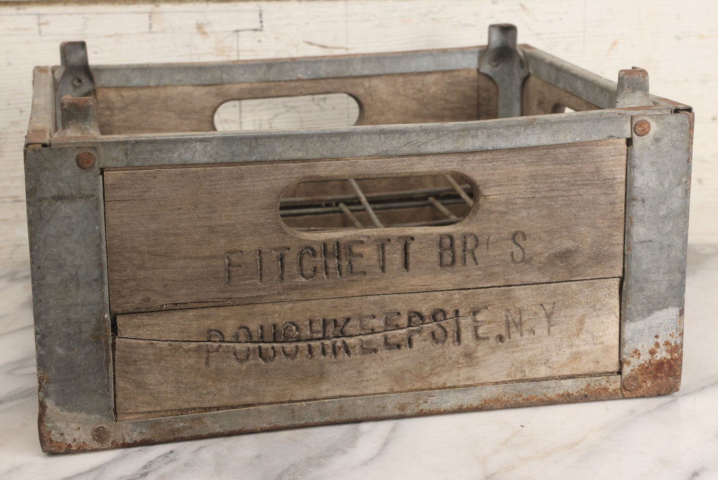 Lot 029 - Vintage Fitchett Bros. Wood And Metal Milk Bottle Carrying Crate With Metal Dividers, Poughkeepsie, New York