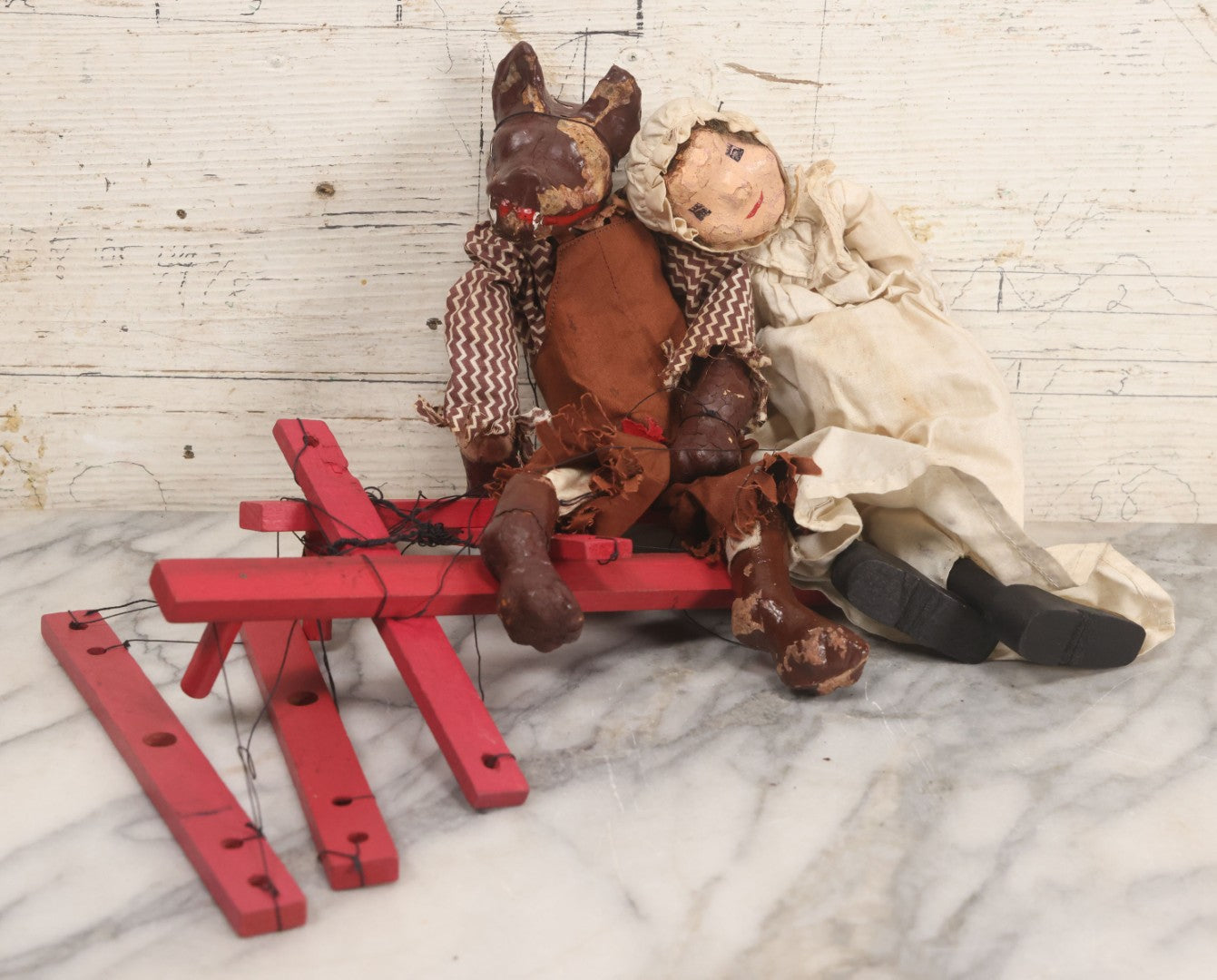 Lot 032 - Pair Of Vintage Papier Mache Marionette Puppets Including The Big Bad Wolf, And The Grandma, From Little Red Riding Hood, Note Strings Completely Tangled