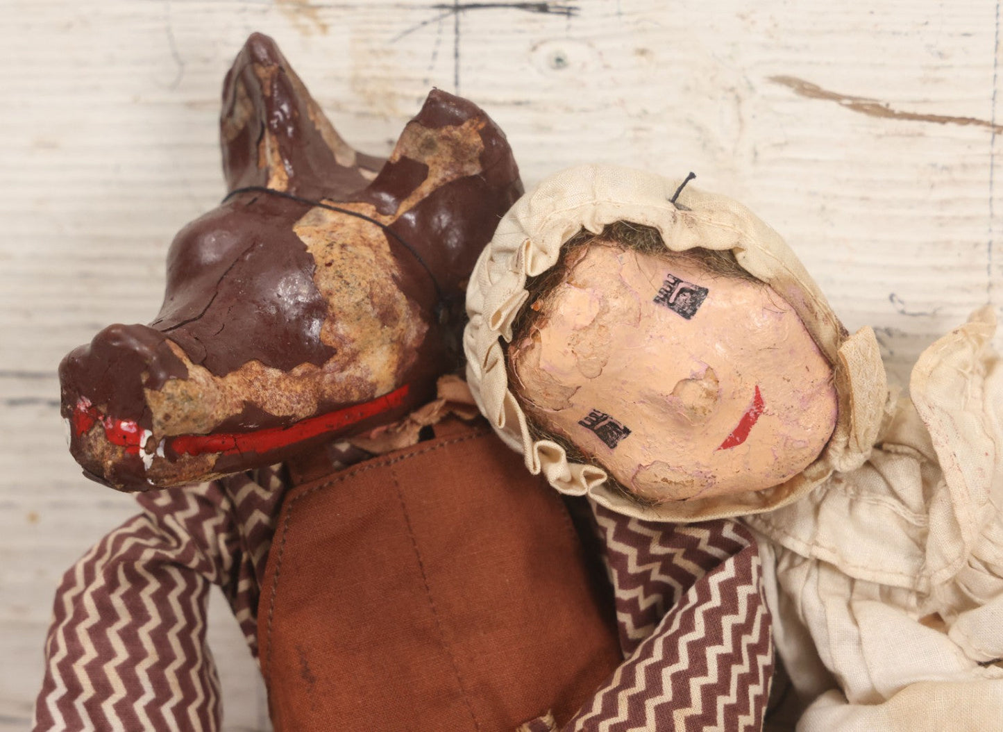 Lot 032 - Pair Of Vintage Papier Mache Marionette Puppets Including The Big Bad Wolf, And The Grandma, From Little Red Riding Hood, Note Strings Completely Tangled