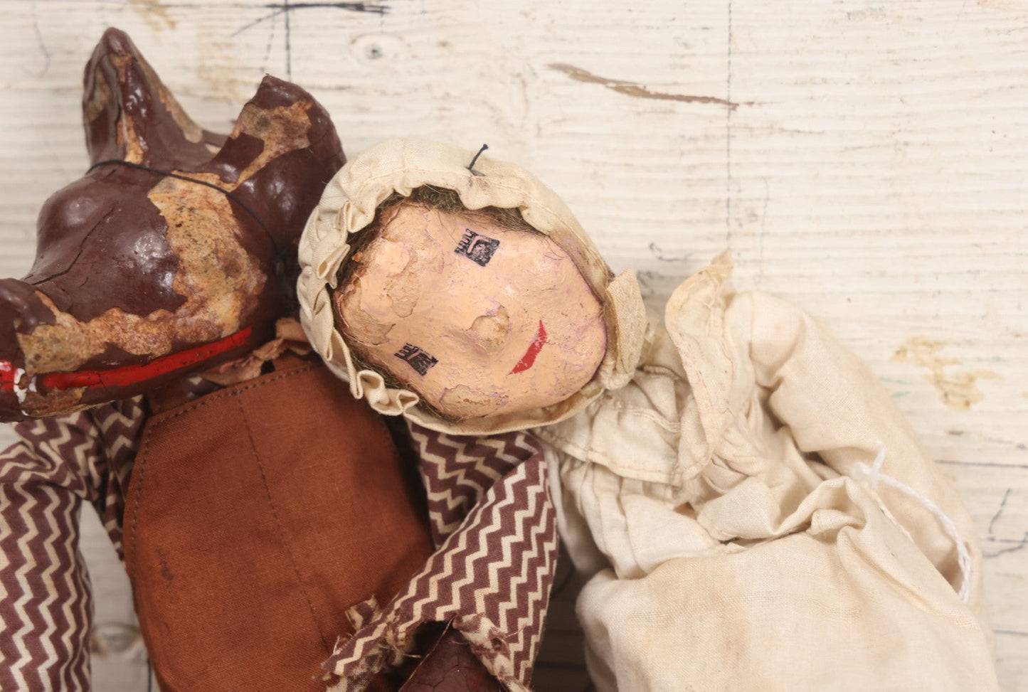 Lot 032 - Pair Of Vintage Papier Mache Marionette Puppets Including The Big Bad Wolf, And The Grandma, From Little Red Riding Hood, Note Strings Completely Tangled