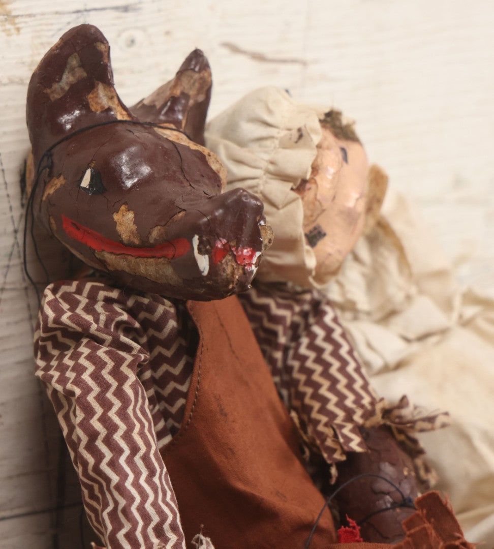 Lot 032 - Pair Of Vintage Papier Mache Marionette Puppets Including The Big Bad Wolf, And The Grandma, From Little Red Riding Hood, Note Strings Completely Tangled