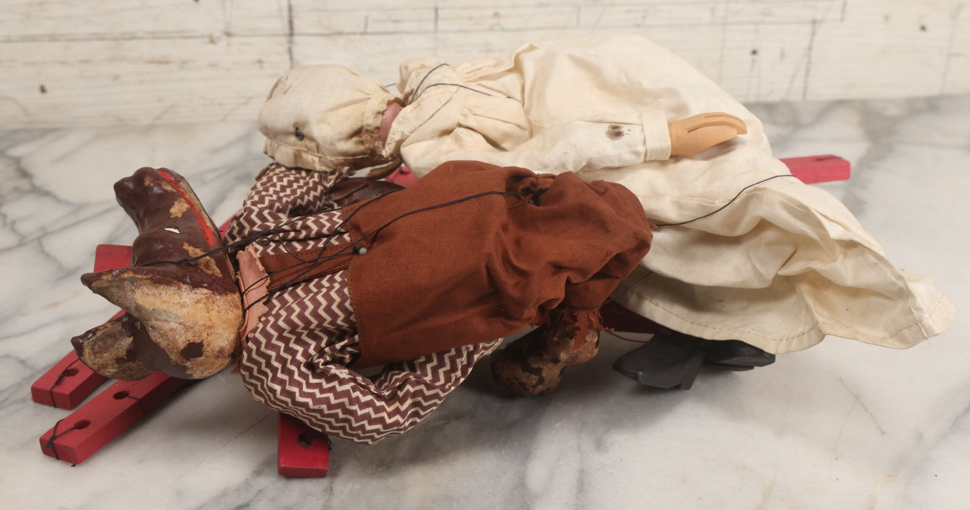 Lot 032 - Pair Of Vintage Papier Mache Marionette Puppets Including The Big Bad Wolf, And The Grandma, From Little Red Riding Hood, Note Strings Completely Tangled