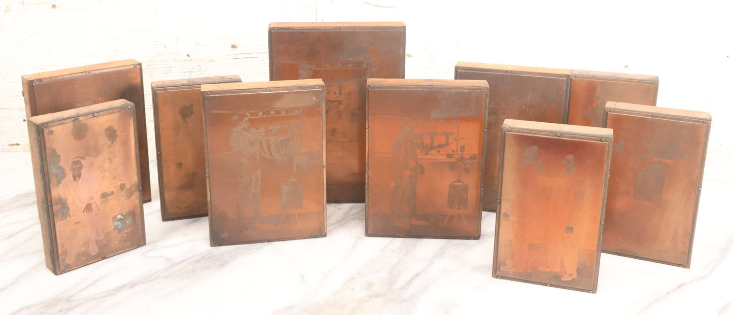 Lot 036 - Grouping Of Ten Vintage Photo Printing Blocks Showing A Magician Engaged In Various Magic Tricks, Magician's Banner Visible, "M.T.T.," Various Tricks Incl. Ring Trick, Flag Trick, And More