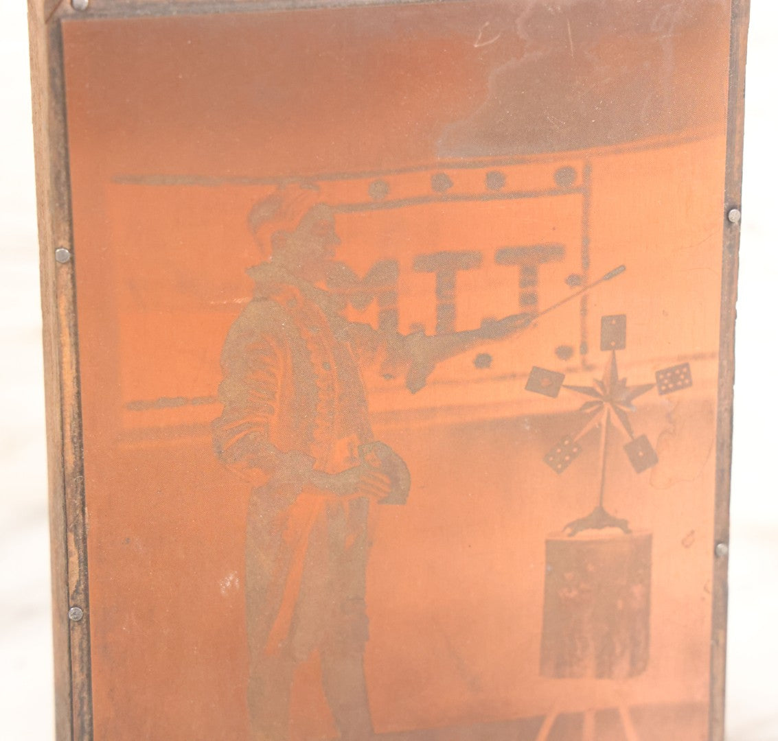 Lot 036 - Grouping Of Ten Vintage Photo Printing Blocks Showing A Magician Engaged In Various Magic Tricks, Magician's Banner Visible, "M.T.T.," Various Tricks Incl. Ring Trick, Flag Trick, And More