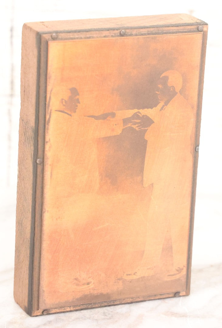 Lot 036 - Grouping Of Ten Vintage Photo Printing Blocks Showing A Magician Engaged In Various Magic Tricks, Magician's Banner Visible, "M.T.T.," Various Tricks Incl. Ring Trick, Flag Trick, And More