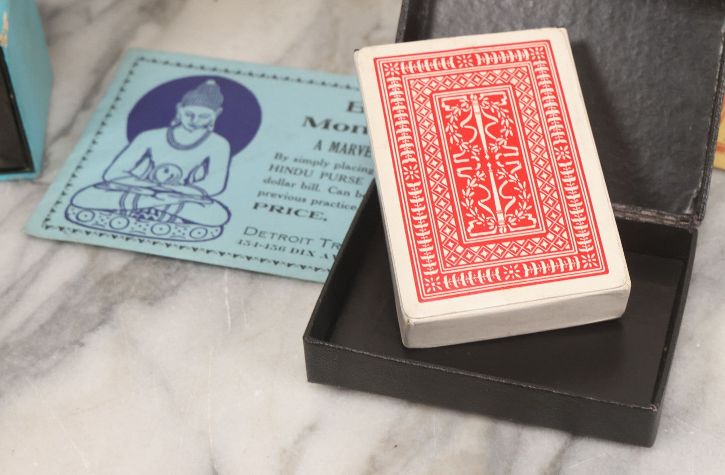 Lot 037 - Vintage Magician's Grouping With Several Foldered Card Tricks, Nesting Dice Tricks, String Of Cards Trick, Dummy Card Deck, And Other Misc. Pieces