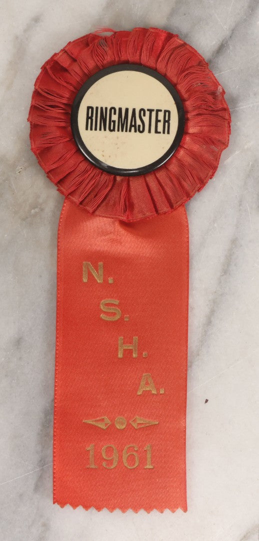 Lot 038 - Vintage Ringmaster Button And Red Ribbon From The National Stock Horse Association (N.S.H.A.) 1961