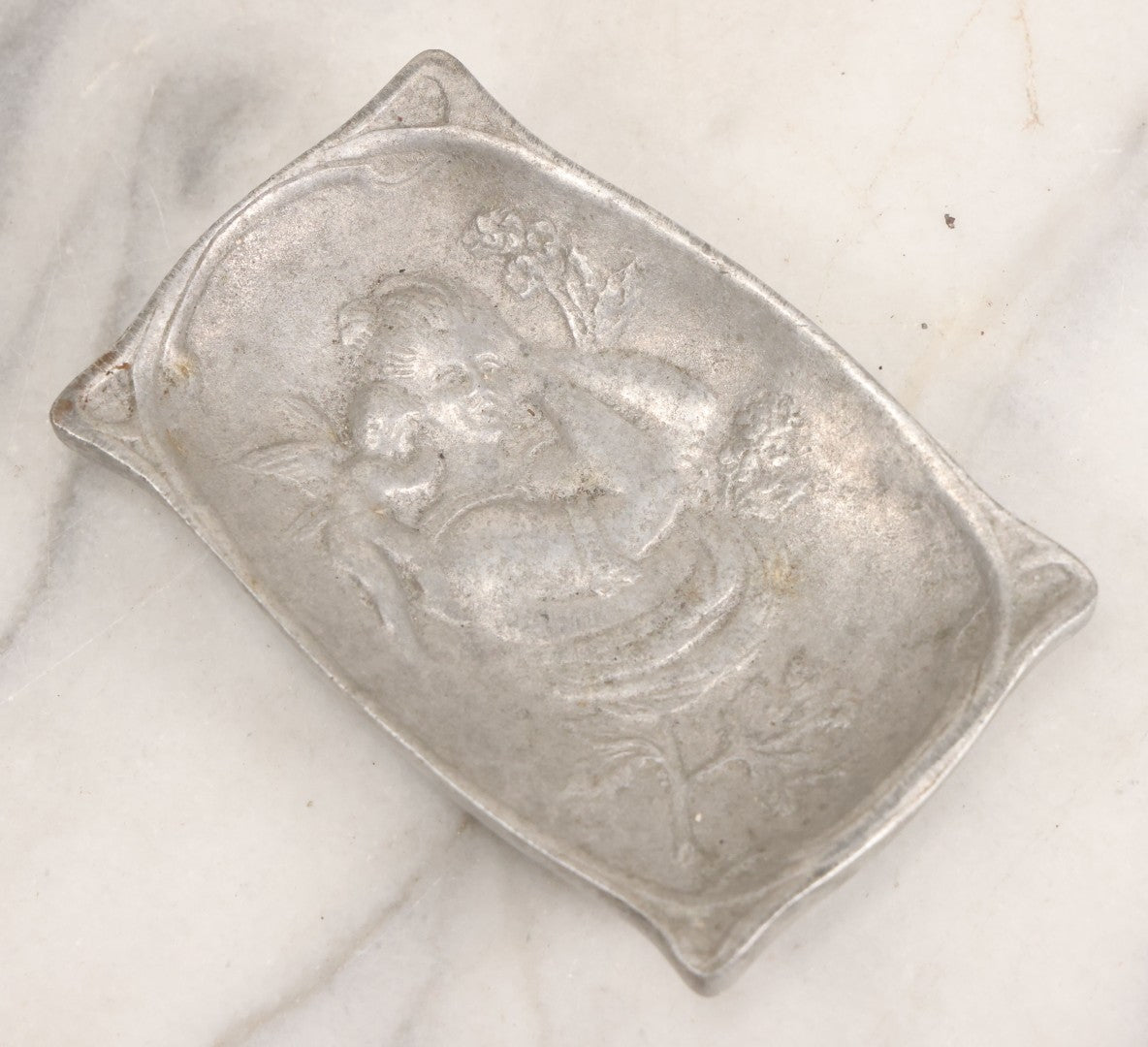 Lot 039 - Antique Cast Aluminum Art Nouveau Woman And Cherub Trinket Dish Card Tray 
