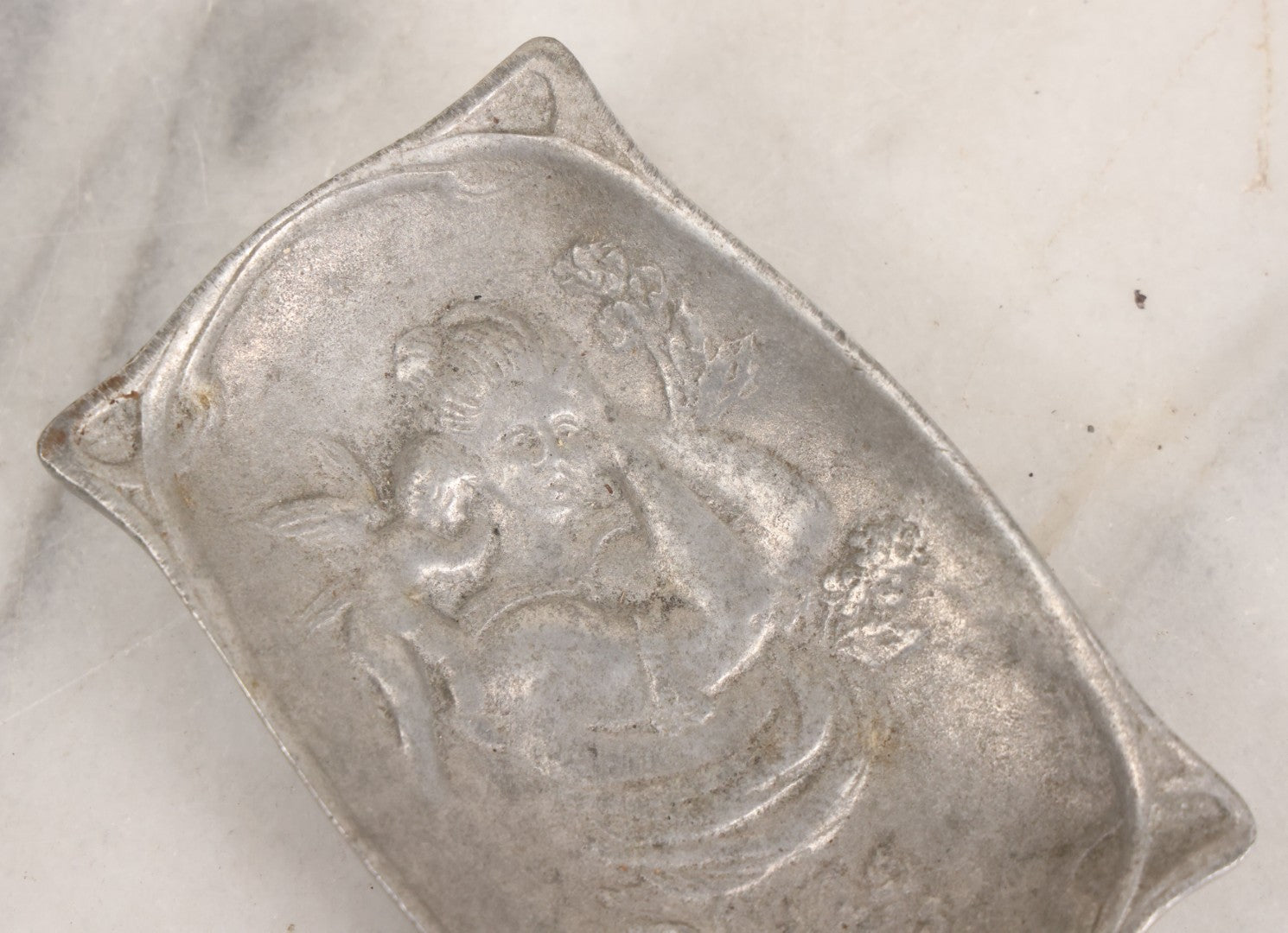 Lot 039 - Antique Cast Aluminum Art Nouveau Woman And Cherub Trinket Dish Card Tray 