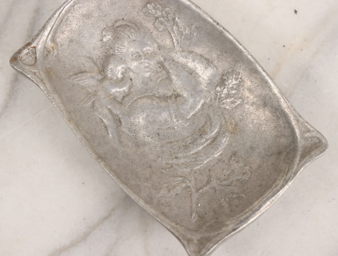 Lot 039 - Antique Cast Aluminum Art Nouveau Woman And Cherub Trinket Dish Card Tray 