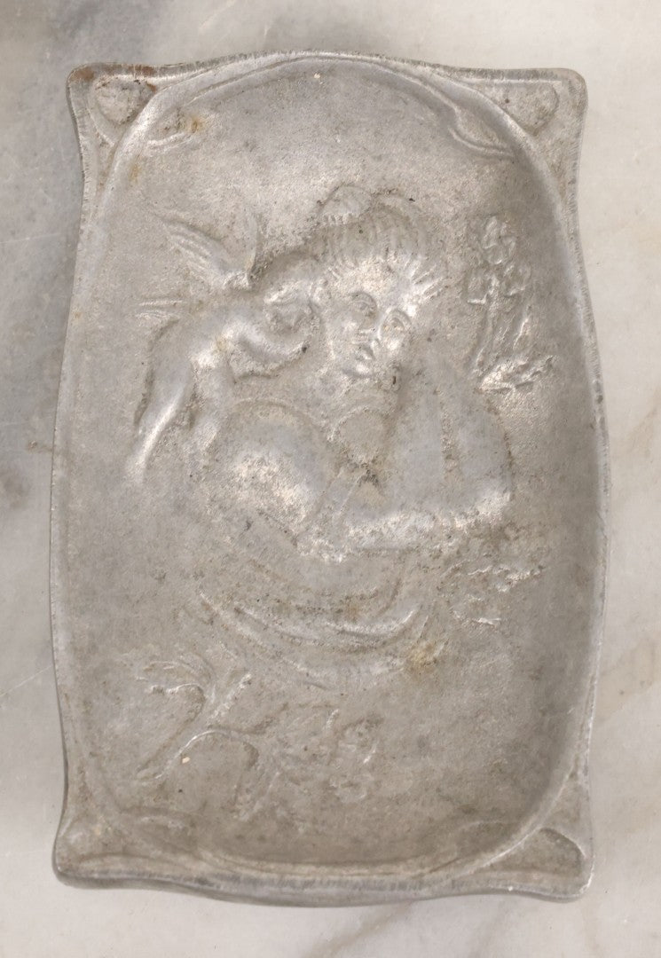 Lot 039 - Antique Cast Aluminum Art Nouveau Woman And Cherub Trinket Dish Card Tray 