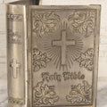 Lot 040 - Vintage Pressed Silvertone Metal Holy Bible Hinged Book Cover With Cross And Decorative Embellishments