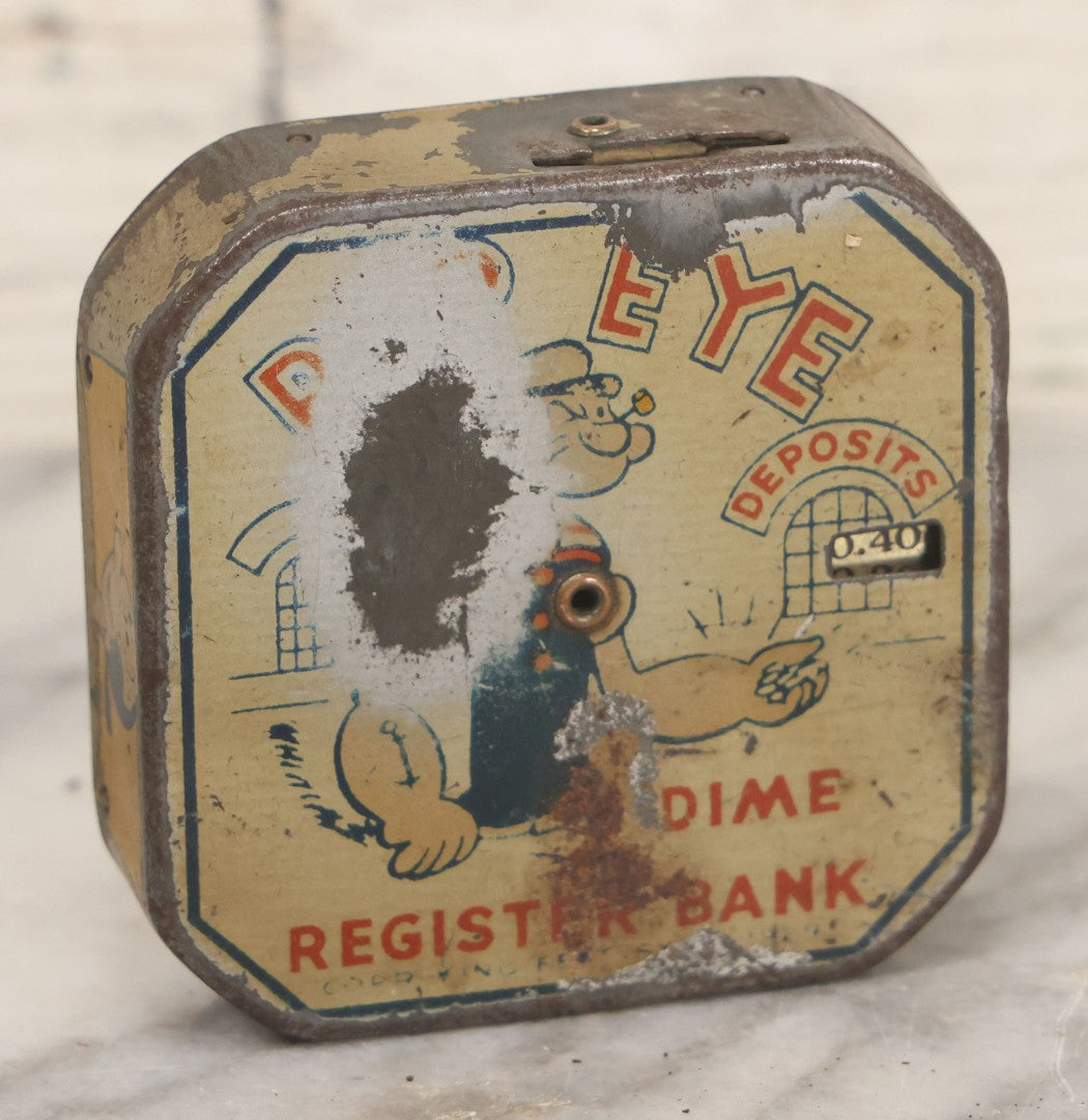 Lot 042 - Vintage Tin Lithograph Popeye The Sailor Man Dime Register Bank, Copyright United Feature Syndicate, Note Large Loss To Lithograph Front Left