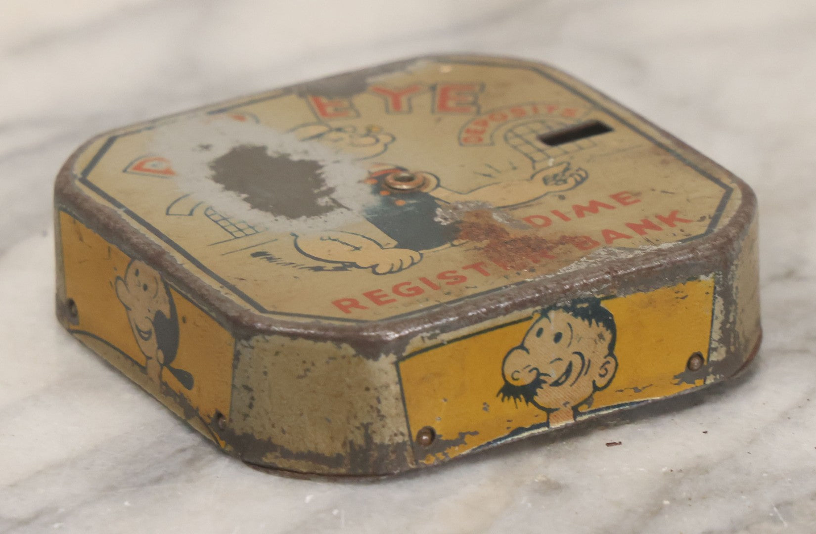 Lot 042 - Vintage Tin Lithograph Popeye The Sailor Man Dime Register Bank, Copyright United Feature Syndicate, Note Large Loss To Lithograph Front Left