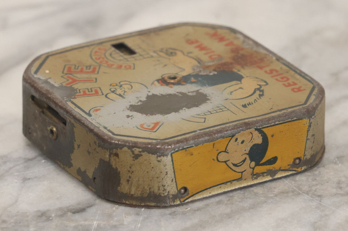 Lot 042 - Vintage Tin Lithograph Popeye The Sailor Man Dime Register Bank, Copyright United Feature Syndicate, Note Large Loss To Lithograph Front Left