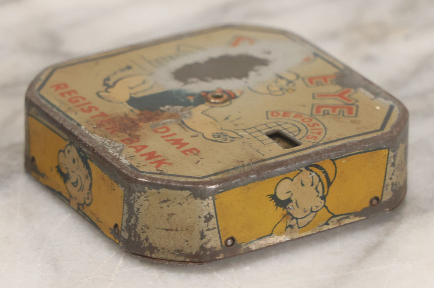 Lot 042 - Vintage Tin Lithograph Popeye The Sailor Man Dime Register Bank, Copyright United Feature Syndicate, Note Large Loss To Lithograph Front Left