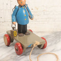 Lot 044 - Vintage Handmade Wooden Wheeled Cart With Train Conductor Holding Lantern Animated Pull Toy, Lantern Arm Moves Up And Down, Made In Czechoslovakia, Note Paint Losses