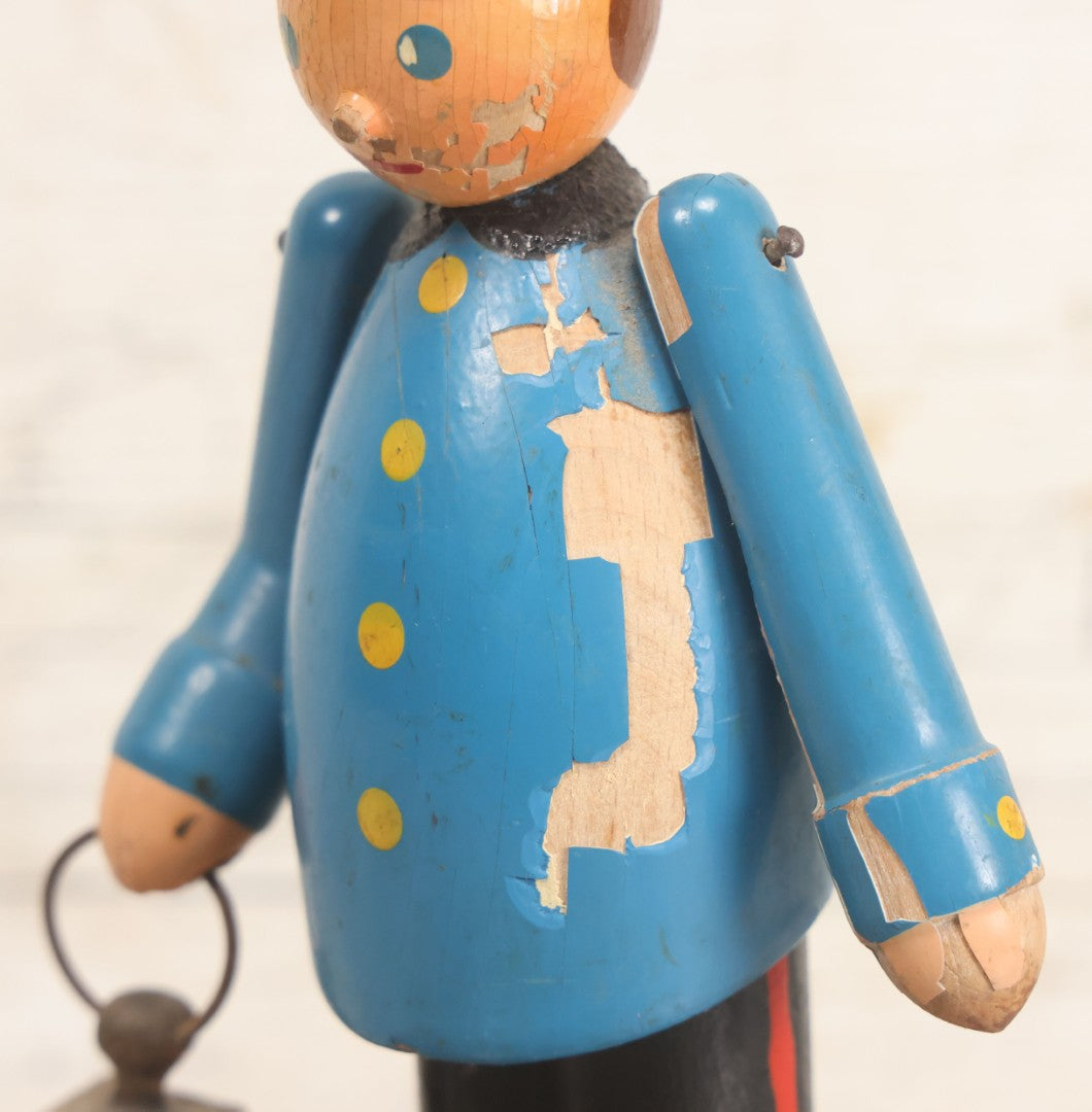Lot 044 - Vintage Handmade Wooden Wheeled Cart With Train Conductor Holding Lantern Animated Pull Toy, Lantern Arm Moves Up And Down, Made In Czechoslovakia, Note Paint Losses