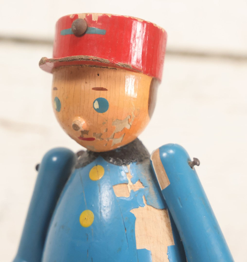 Lot 044 - Vintage Handmade Wooden Wheeled Cart With Train Conductor Holding Lantern Animated Pull Toy, Lantern Arm Moves Up And Down, Made In Czechoslovakia, Note Paint Losses