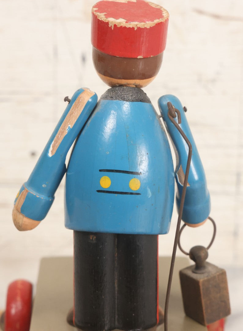 Lot 044 - Vintage Handmade Wooden Wheeled Cart With Train Conductor Holding Lantern Animated Pull Toy, Lantern Arm Moves Up And Down, Made In Czechoslovakia, Note Paint Losses