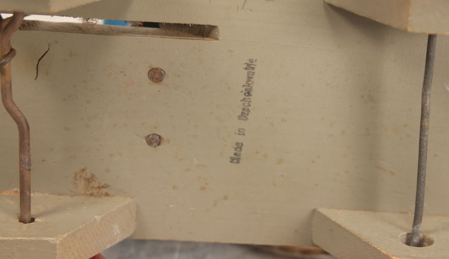 Lot 044 - Vintage Handmade Wooden Wheeled Cart With Train Conductor Holding Lantern Animated Pull Toy, Lantern Arm Moves Up And Down, Made In Czechoslovakia, Note Paint Losses