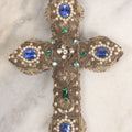 Lot 046 - Vintage Decorative Textile Cross With Blue Green And White Glass Gem Embellishments
