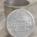 Lot 048 - Vintage Collapsible Camping Tin Cup With Embossed Lid With Children Canoeing In Front Of Mountain At Night