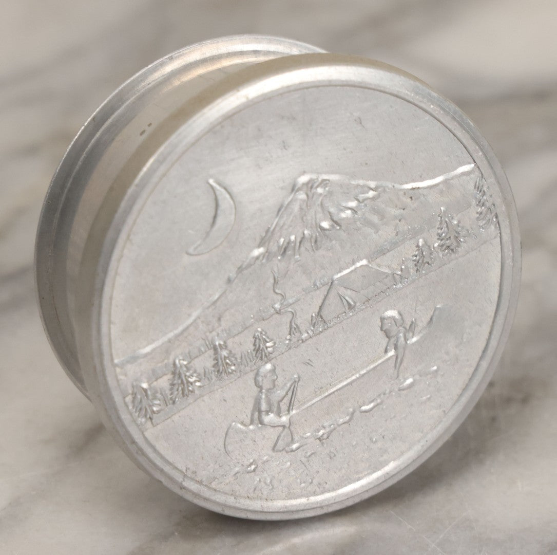 Lot 048 - Vintage Collapsible Camping Tin Cup With Embossed Lid With Children Canoeing In Front Of Mountain At Night