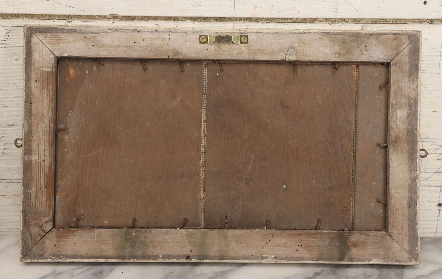 Lot 051 - Antique Paper Punch Needlework Embroidery Slogan, "Bear The Cross And Wear The Crown" In White Painted Wood Frame, 14-1/2" W x 8-1/2" H