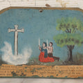 Lot 052 - Vintage Mexican Ex-Voto Retablo Devotional Folk Art Painting On Tin Commemorating The Intercession Of The Holy Spirit In Curing A Sick Woman After Calling Upon The Holy Cross, Allende, Mexico, April 1903, 6-1/2" W x 4-5/8" H